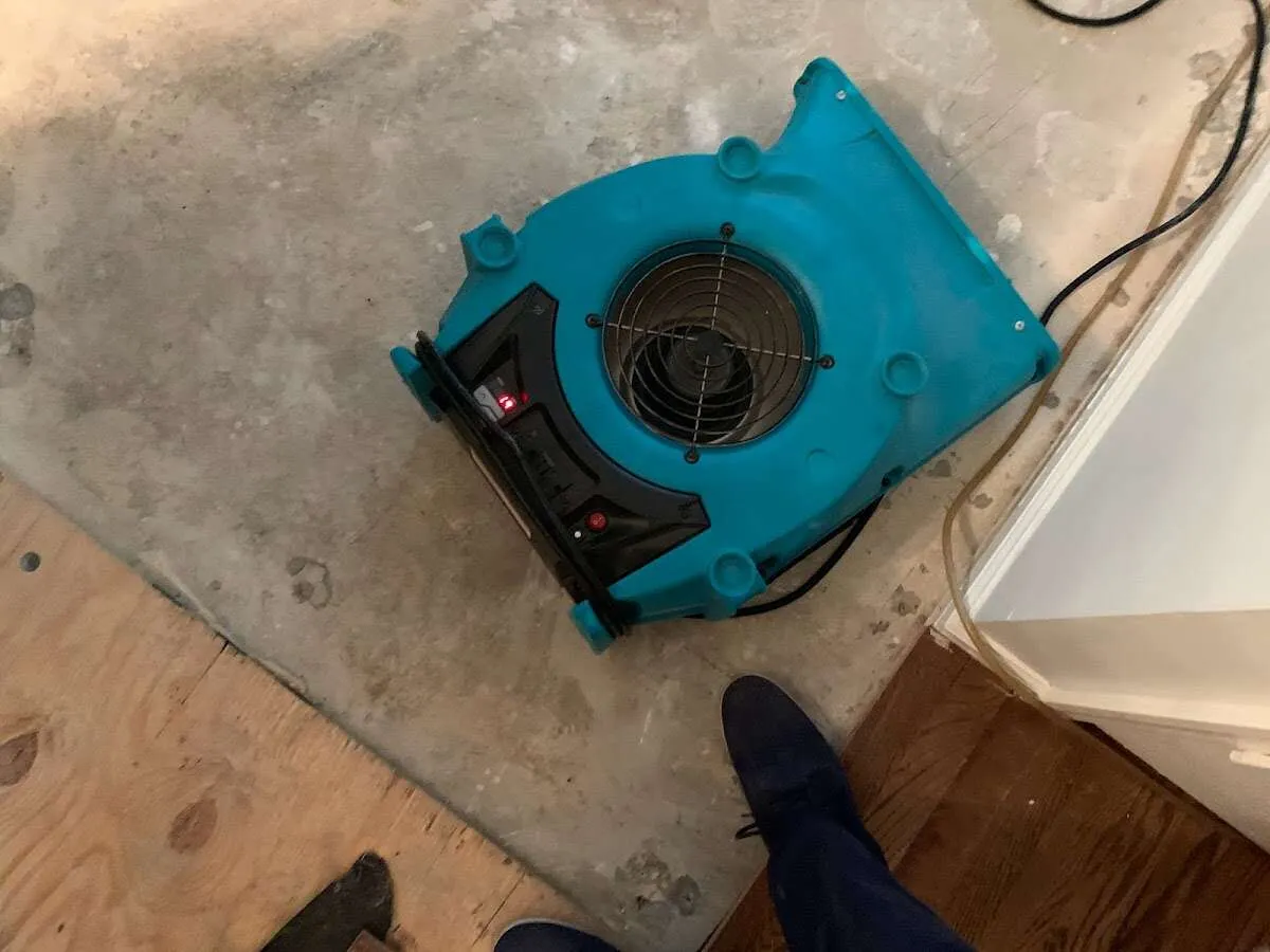 Air mover drying subfloor during Leak Detection & Repair in Los Angeles